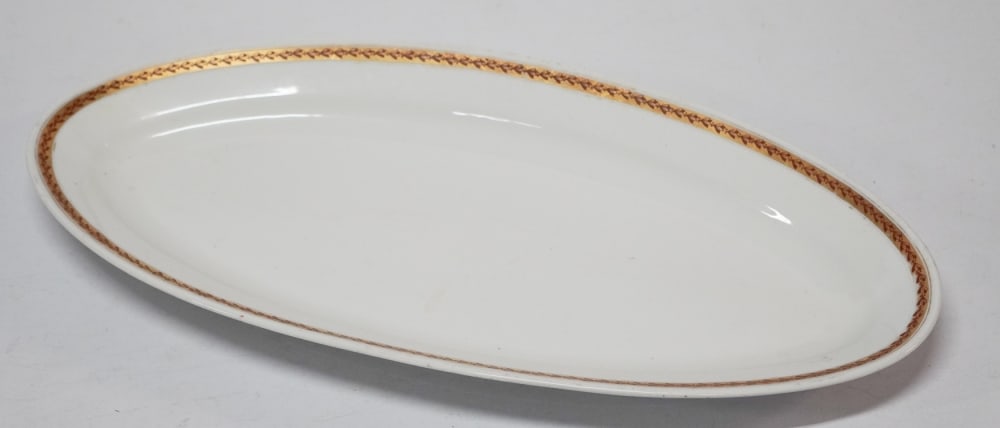 Charming Antique M S Kuznetsov Porcelain Serving Platter Faience: Very nicely trimmed border on oval platter signed on verso. Good condition throughout. W23 1/2" Sold from the collection of David Varnell and Paul Iwao of South Carolina and New Jersey.
