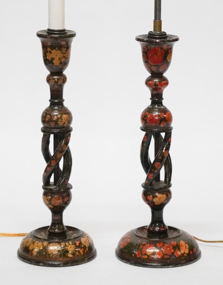 Excellent Pair English Chinoiserie Decorated Turned Wood Candlestick (1 of 4)