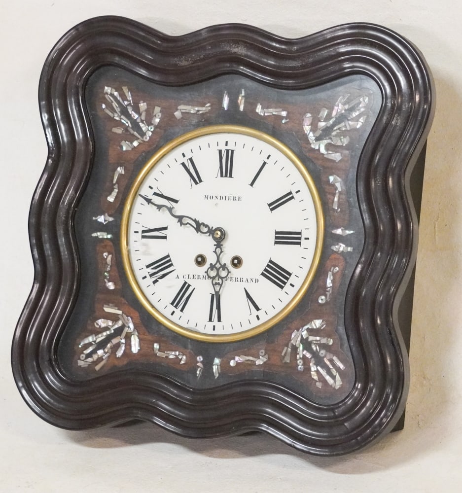 Charming Antique French Black Lacquer & Mother of Pearl Wall Clock (1 of 2)