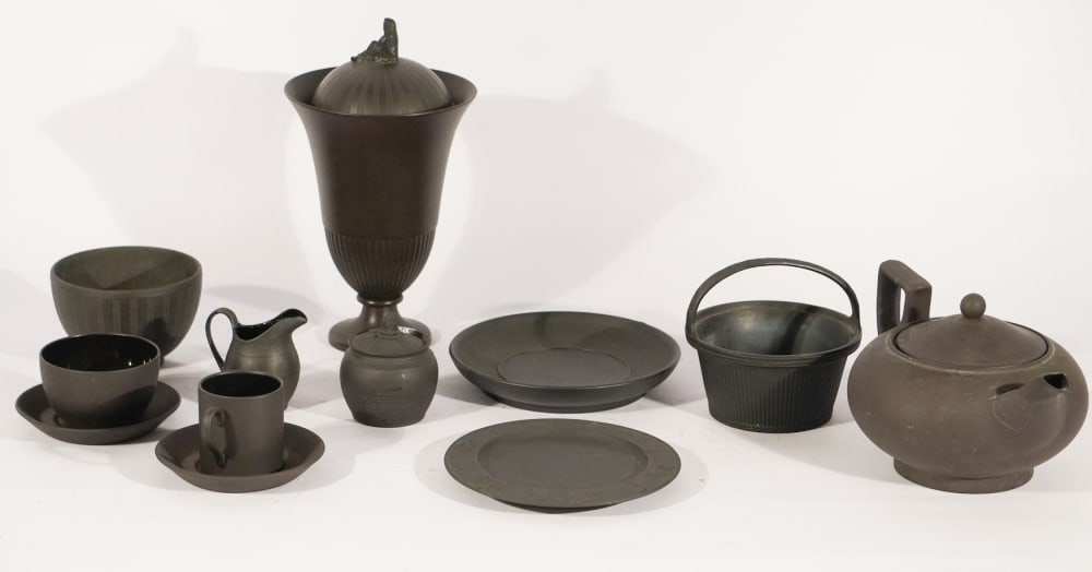 Collection Antique English Wedgwood Black Basalt Table & Cabinet Wares: 19th century group of various forms and sizes. Excellent well kept condition throughout. H9 1/2" Sold from the collection of a Buckhead lady, Atlanta, Georgia.