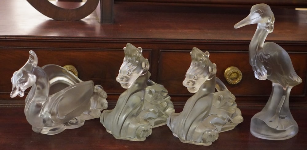 Collection Imperial Cathay Glass Sculptures: 20th century group including three dragons and an elegant egret. All in good, well kept condition. H9 1/4" Sold from the collection of Vickie Murrill Dawson of Camden, South Carolina.