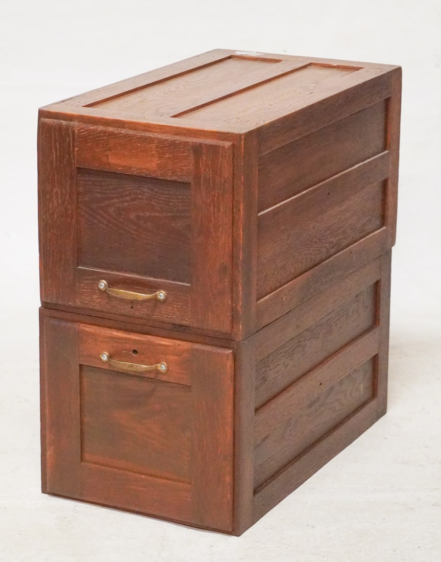 Charming Arts & Crafts Period Oak Filing Side Cabinet: Circa 1920. Stackable two tier filing cabinet in oak. Charming piece that could also be used as a side table given its size. H26" L24" W14 1/2"