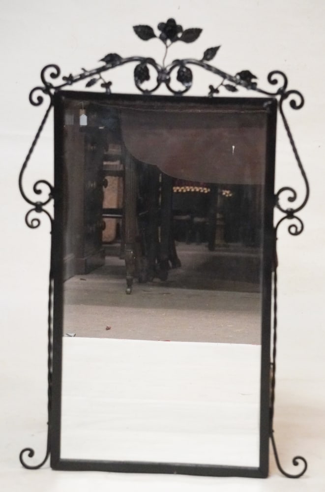 Arts and Crafts Iron Looking Glass: Charming iron looking glass with handsome iron frame centered by mirror. H35" W21"