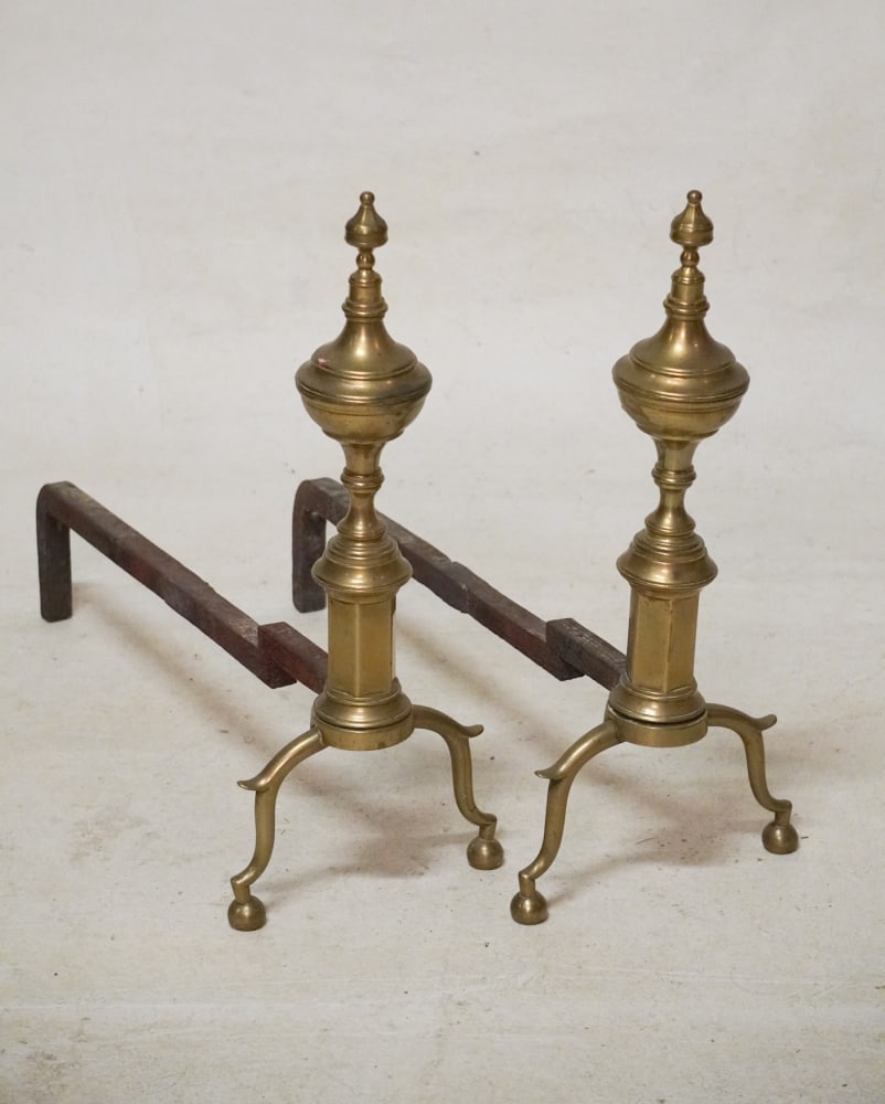 Handsome Pair Federal Spun Brass Andirons: Circa 1820. Having fine form with nice sturdy iron long support. H21" W9" D24"