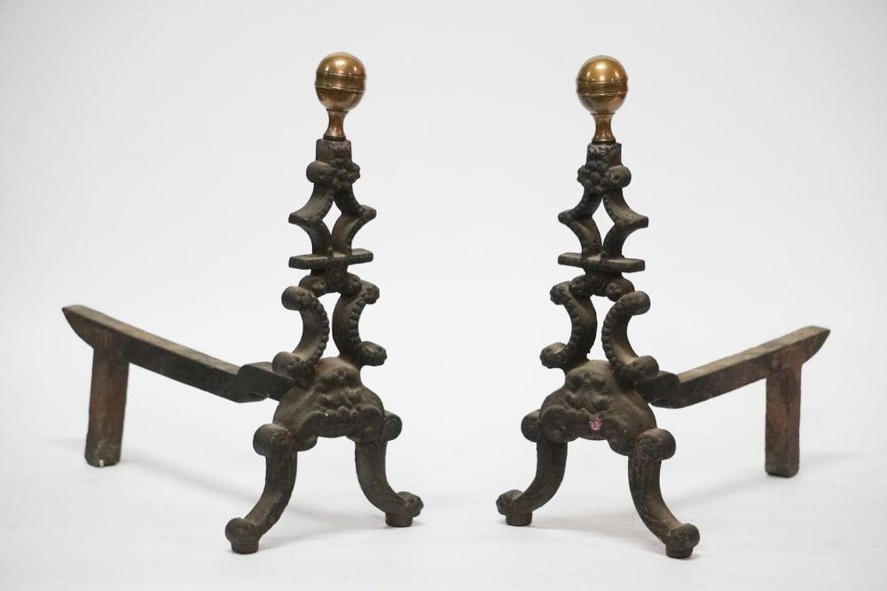 Charming Pair Classical Cast Iron & Brass Andirons (1 of 1)