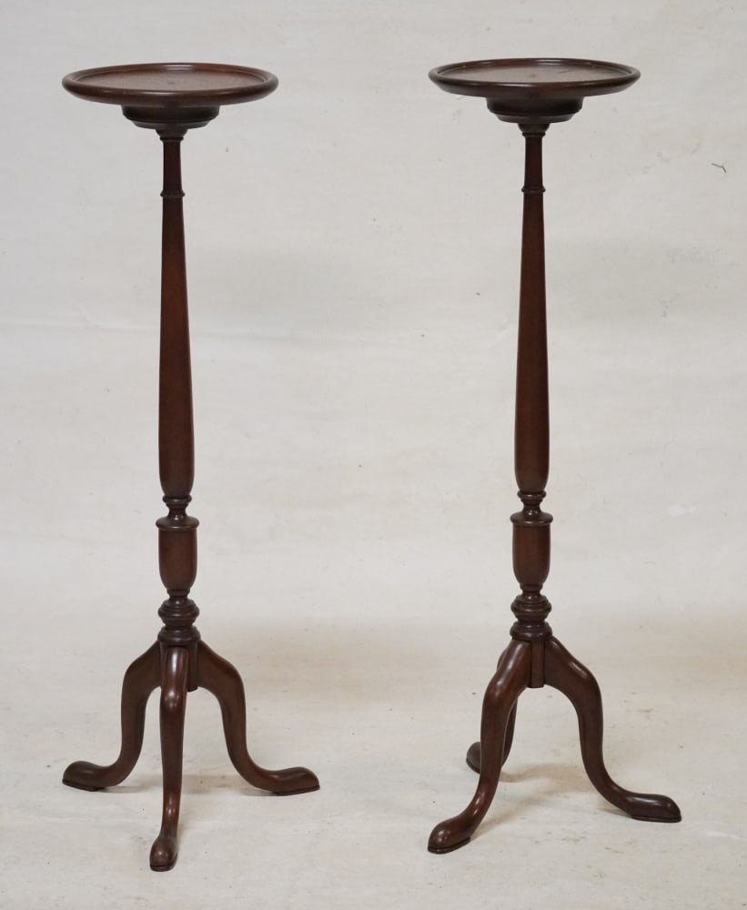 Handsome Pair English Queen Anne Style Mahogany Torcheres: 20th century. Bench made examples in nicely kept condition. H42 3/4" W15"