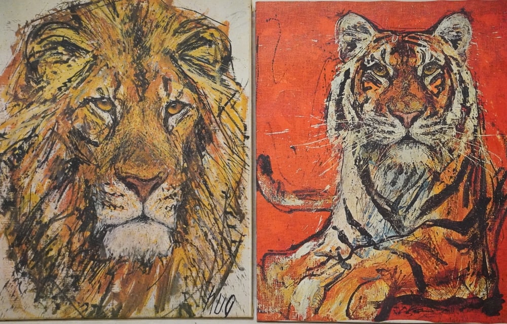 Two Designer Prints on Canvas After Fritz Rudolf Hug: 20th century prints on canvas. H28" W22"