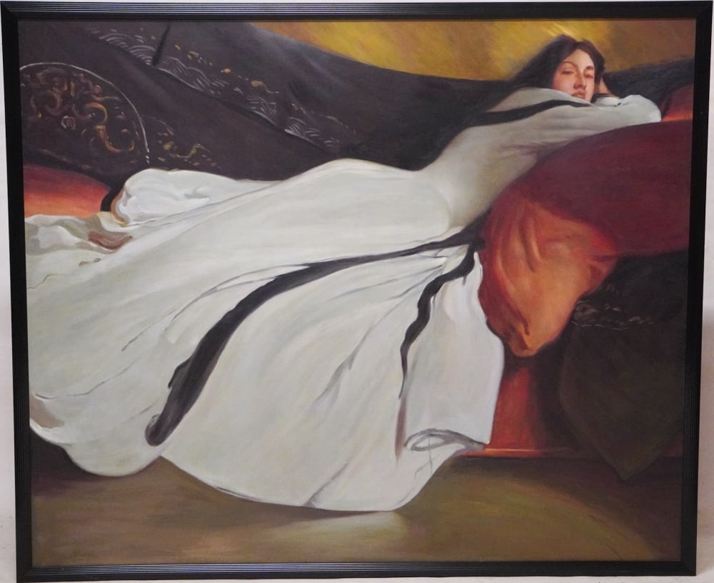 American School Life Size Portrait of Lady: Mid 20th century. Oil on canvas brilliantly rendered work of an elegant woman framed nicely and life size. No apparent signature detected. Framed: H55" W68" Sold from the collection of David Varnell a