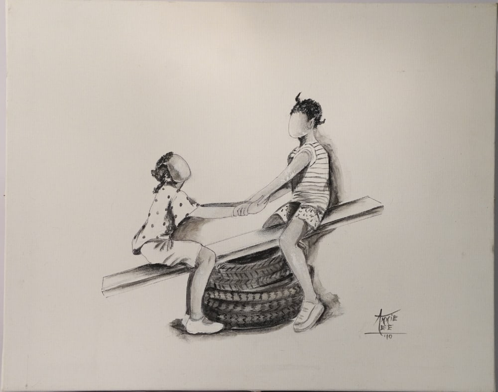 Annie Lee: (Alabama/Nevada, 1935-2014) Oil on canvas young children at play. Signed lower right and dated 2010. Excellent condition. H15 1/2" W19 1/2" Sold from the collection of James V. Nixon Jr. Augusta,