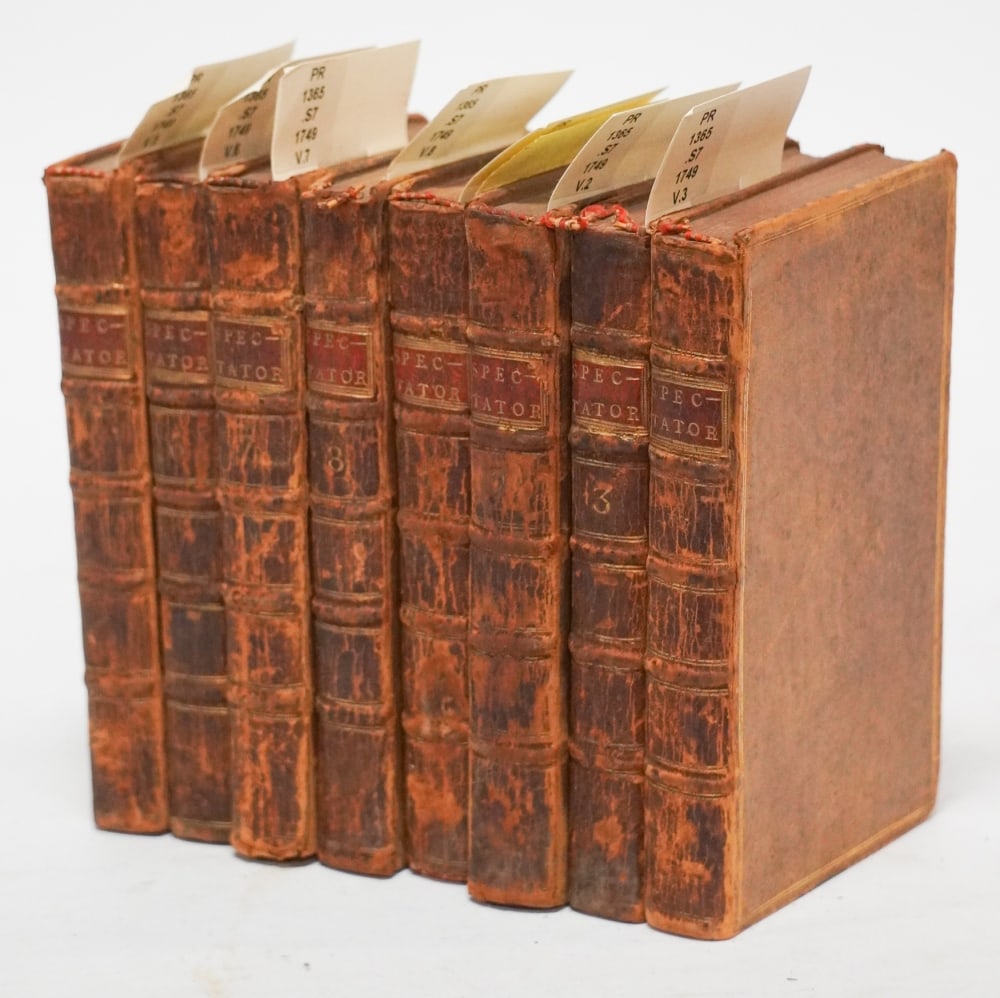 Excellent 1749 Set of Volumes "The Spectator" J and R Tonson: Well kept overall condition. All eight volumes are present. Sold from the collection of Limestone College, Gaffney, South Carolina