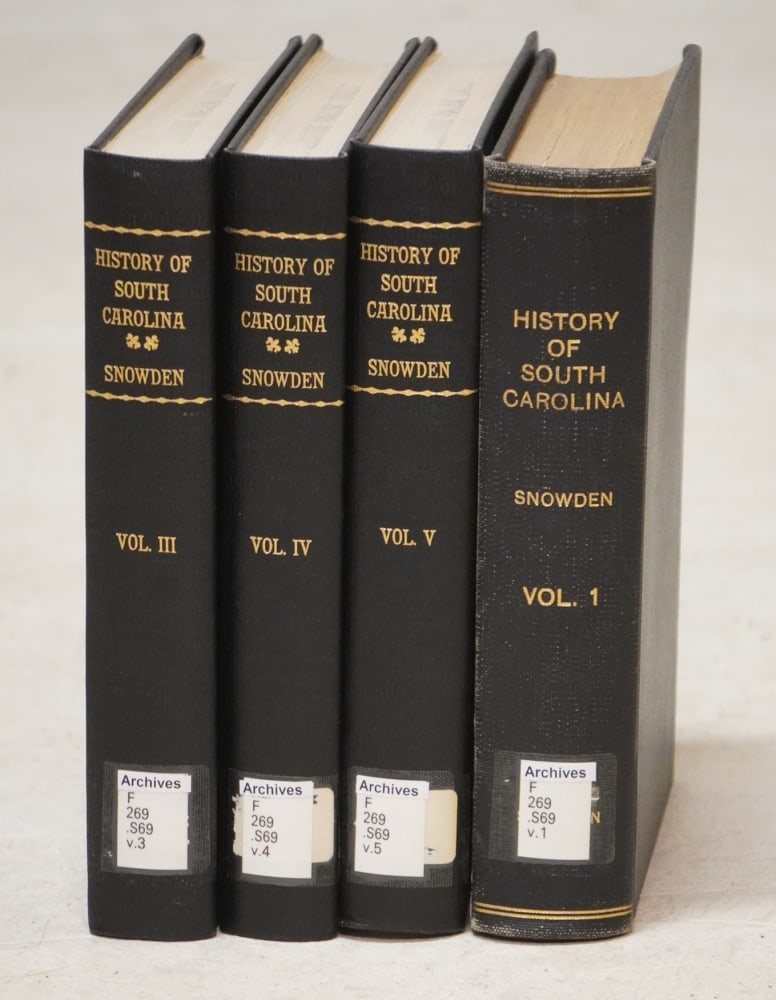 Uncommon Volumes Snowden's "History of South Carolina": Four of the original Five volumes in nicely kept condition. Sold from the collection of Limestone College, Gaffney, South Carolina