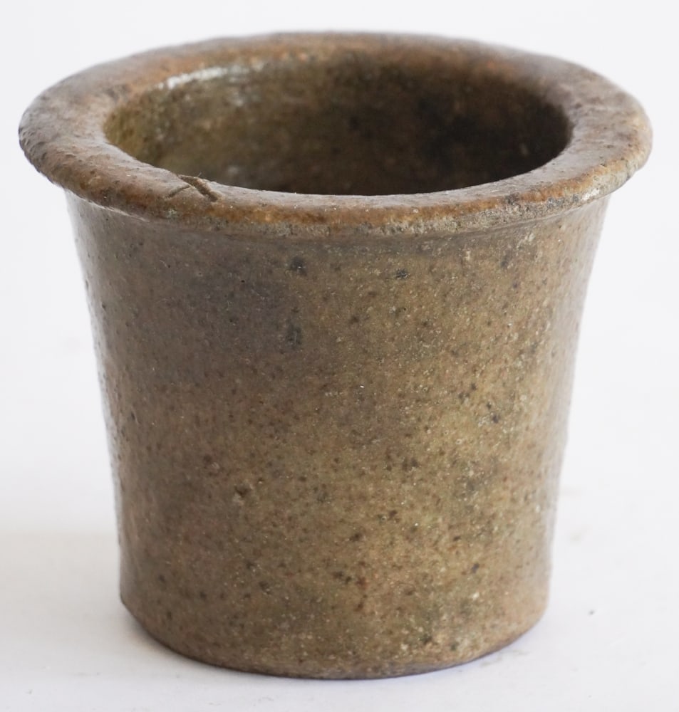 Uncommon Catawba Valley Stoneware Miniature Cream Riser: Last quarter of the 19th century most likely. Interesting small example measuring only 3 3/4" tall. The piece is marked with X on its rim. Good overall condition with minor wear to the edge of the rim