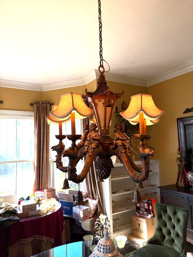 Excellent Orientalist Regency Style Chandelier: 20th century example having brilliant style and excellent gilded surface. Very nicely kept condition throughout. H34" W32" Sold from the collection of the late Rick Anderson of Sailsbury, North Caroli