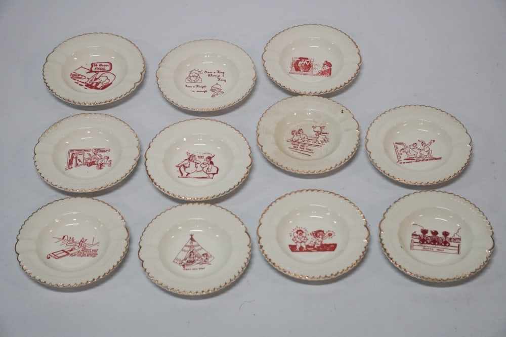 Uncommon Set D E Raper Whimsical Decorated Ashtrays: North Carolina early 20th century very whimsically decorated ashtray. Uncommon set in good well kept condition throughout. W5 1/4" Sold from the collection of the late Rick Anderson of Sailsbury, Nort