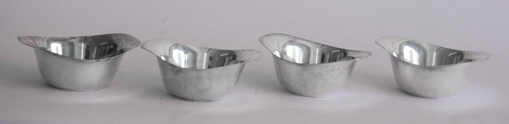 Charming Set Danish Silver Plate Mid Century Desert or Soup Bowls: Mid 20th century. Very handsome set in well kept condition. Signed at the underside. W6 1/4" Sold from the collection of a Lowcountry, South Carolina family.
