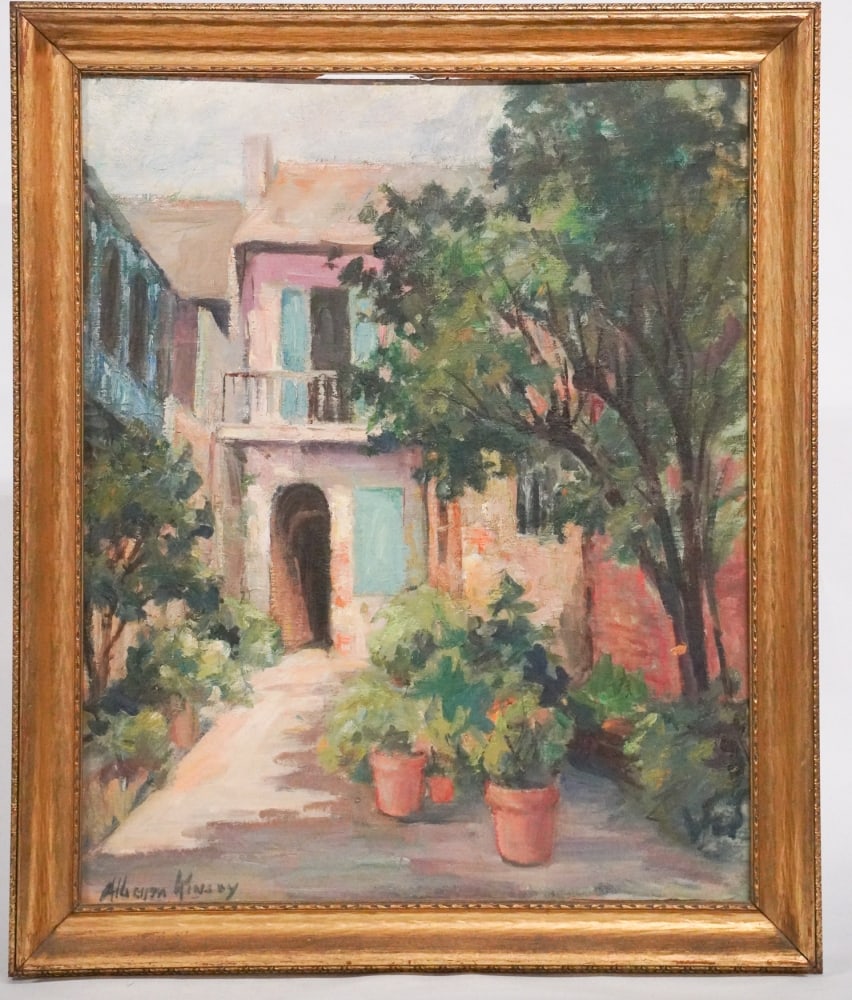 Alberta Kinsey: (Louisiana, 1875-1952) Oil on board excellent Impressionist French Quarter home, signed lower left. Good well kept condition, framed nicely. Framed: H27 1/2" W23" Sold from the collection of a