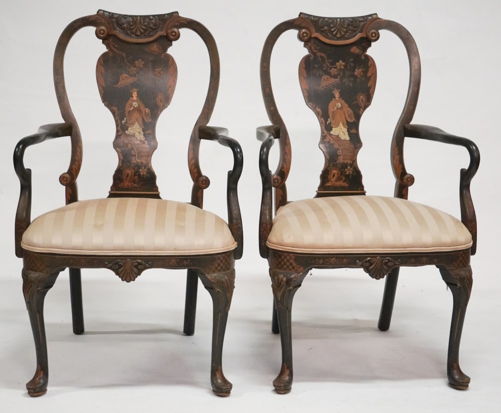 Fine Pair English Queen Anne Style Chinoiserie Decorated Side Chairs (1 of 4)