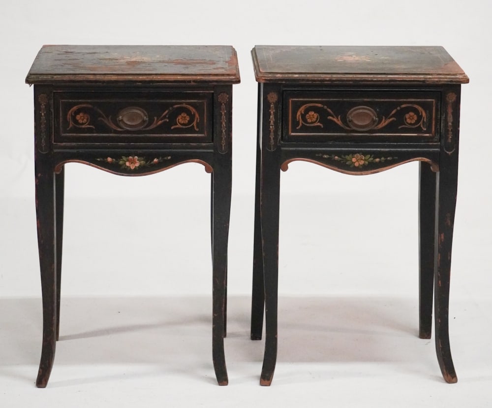 Charming Pair French Provincial Style Polychromed Side Tables: Circa 1920. Having a beautifully painted early surface each with single drawer atop slightly tapered leg. Some peeling to the veneer in areas. H27" W17 3/4" D14 1/4" Sold from the collection of a Camd