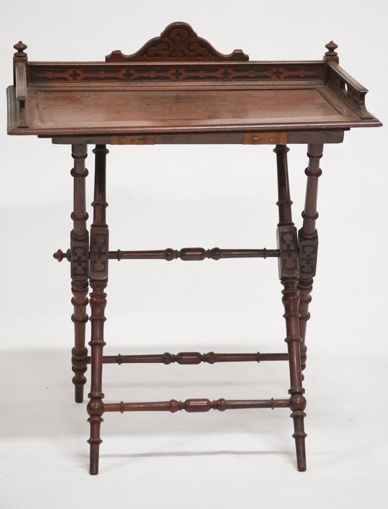 English Carved Mahogany Butlers Tray on Stand: Circa 1880. Having nicely carved gallery with handles atop X frame stand which folds nicely. W30 1/2" D19" H37" Sold from the collection of a Camden, South Carolina lady