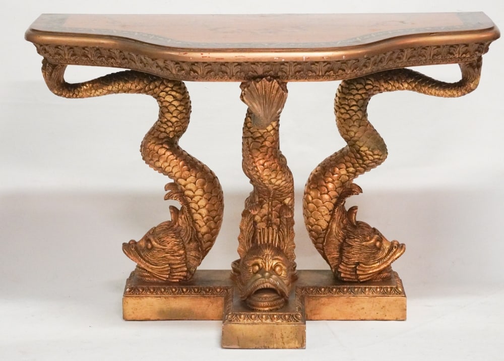 Excellent French Empire Style Carved & Gilt Pier Table: Brilliantly carved example with satinwood top painted in the Adams style over the beautifully carved base in the form of elegant classical dolphins. Very nicely gilded surface and well kept overall co