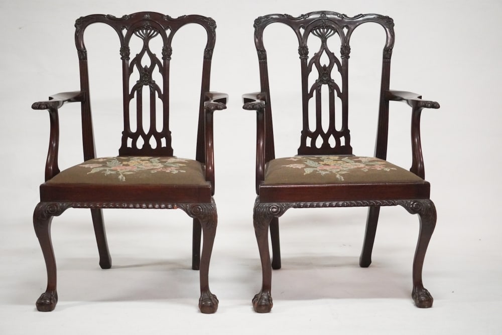 Very Fine Pair English George III Carved Chippendale Mahogany Arm Chairs (1 of 7)