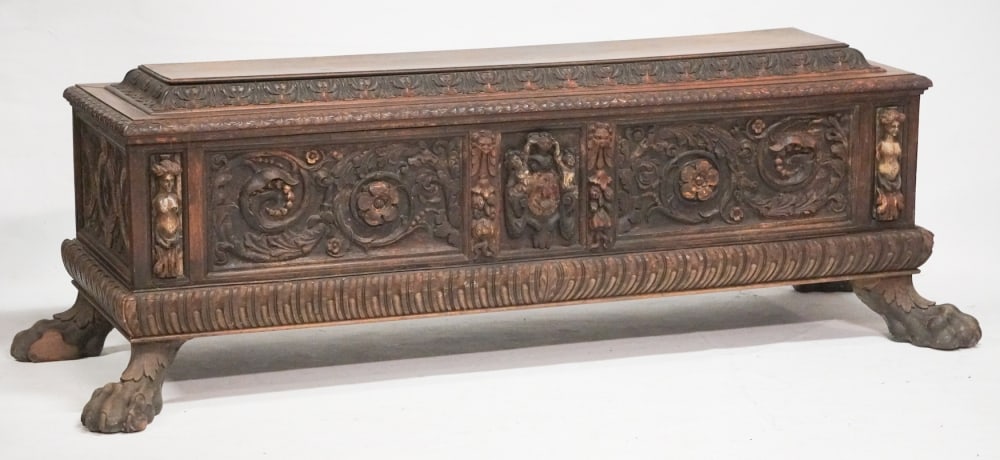 Early Italian Rococo Carved Walnut Blanket Chest: Circa 17th or early 18th century example having excellently carved top and case atop handsome paw feet. Nice early surface. H25" W76" D24 1/2" Sold from the collection of a Midlands, South Carolina