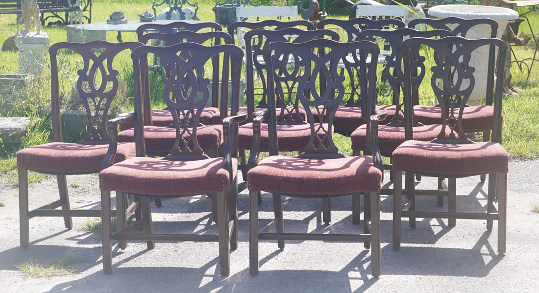 Handsome Set English Chippendale Style Carved Mahogany Dining Chairs: Second period 1880. Having handsome form and size. Brilliantly carved backs with matching auburn upholstery atop a nice square leg. Good sturdy condition ready to be used. Sold from the collection of
