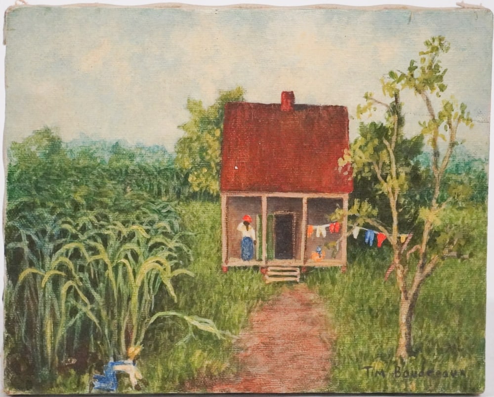 Tim Boudreaux: (Louisiana, 20th/21st century) Oil on canvas cabin scene with figures, signed lower right. Good condition. H8" W10" Sold from the collection of a Camden, South Carolina lady