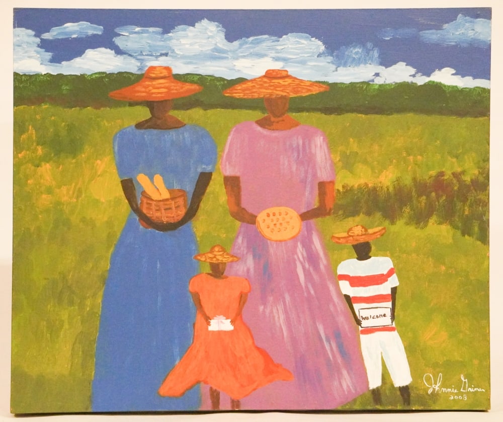 Johnnie Griner: (South Carolina, 20th/21st century) Oil on board titled, "Local Folks." Signed lower right and dated 2005. H20" W24" Sold from the collection of a Brays Island, South Carolina lady and gentleman.