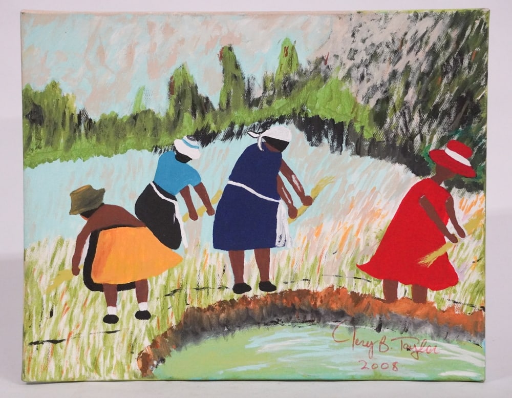 Jerry Bennett Taylor: (South Carolina, 20th/21st century) Oil on canvas, "Girls in the Sweet Grass Field." Dated 2008. H16" W20" Sold from the collection of a Brays Island, South Carolina lady and gentleman.