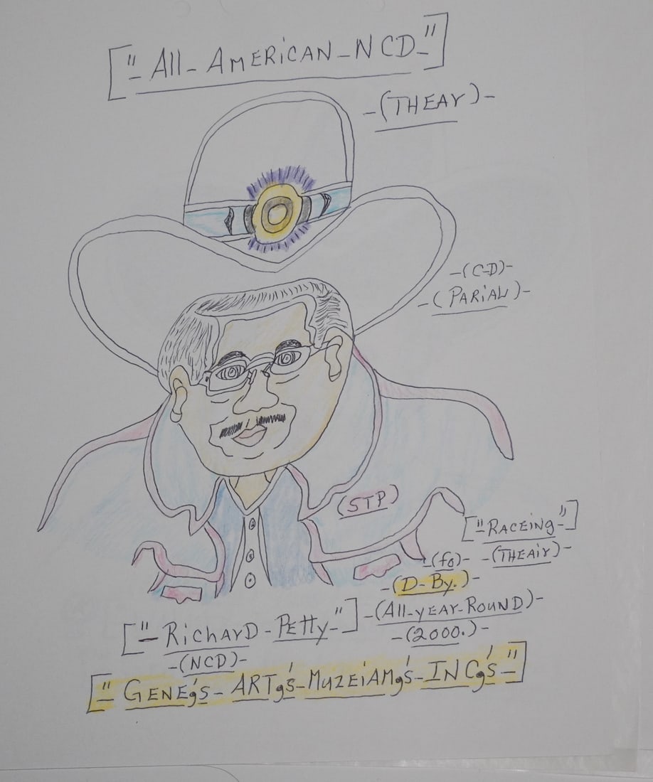Gene Merritt: (South Carolina/France, 1936-2015) Original drawing of Richard Petty. Brilliant work in pencil and crayon, signed lower center. Good well kept condition. Unframed: H11" W8 5/8"