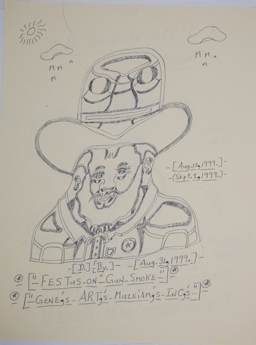 Gene Merritt: (South Carolina/France, 1936-2015) Original drawing of Festus on Gunsmoke. Pencil on yellow paper signed lower center. Good well kept condition. Unframed: H11" W8 5/8"