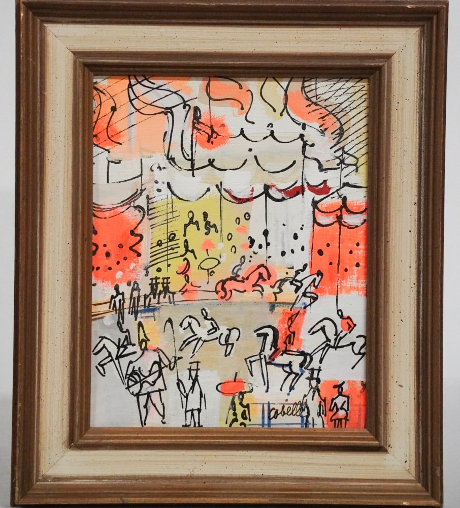 Charles Cobelle: (France, 1902-1998) Acrylic on canvas horse ring in vibrant colors, signed lower right. Framed nicely. Good condition. Numbered 1005 on verso. Framed: H13 1/2" W11 1/4" Sold from the personal
