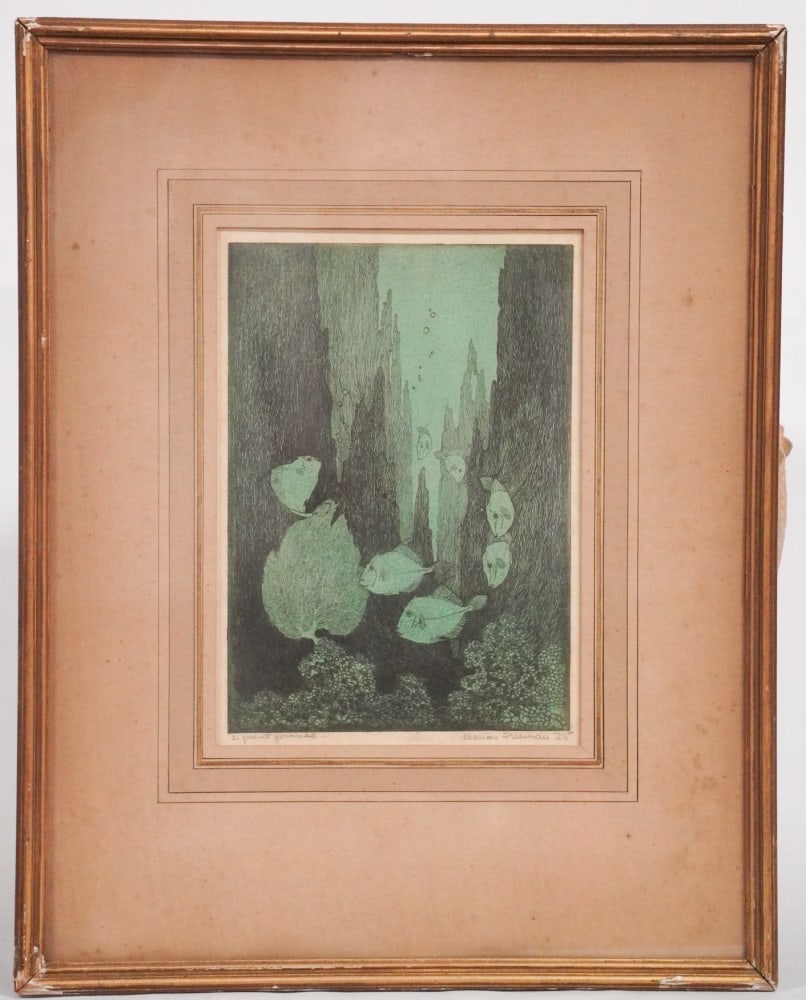 Marion Freeman: (America, 1891-1953) Original drypoint of fish under the sea titled, "Two Point Process? lower left. Signed lower right. Dated 1925. Some slight yellowing but overall good condition housed in what
