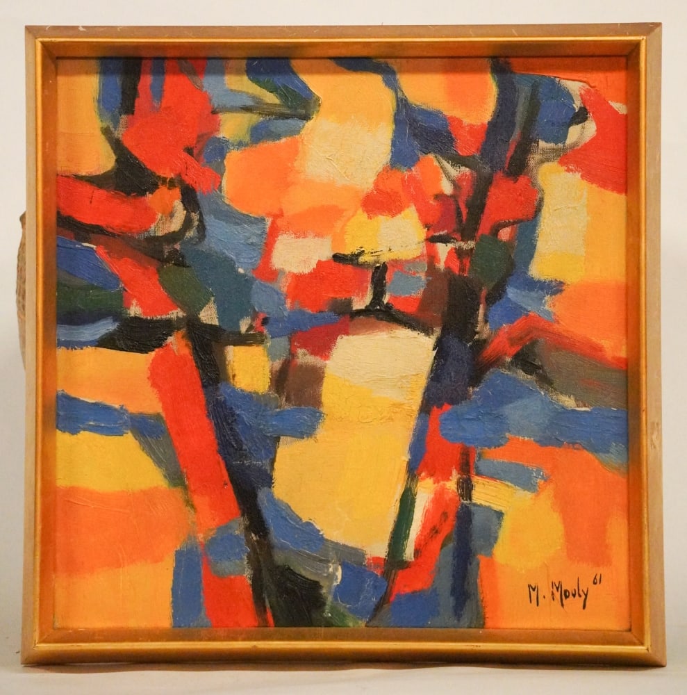 Marcel Mouly: (France, 1918-2008) Abstract oil on canvas titled on verso, "La Clairiere Avent." Excellent work in well kept condition. Dated 1961. Framed: H16" W15 1/2" Sold from the personal collection of Andy