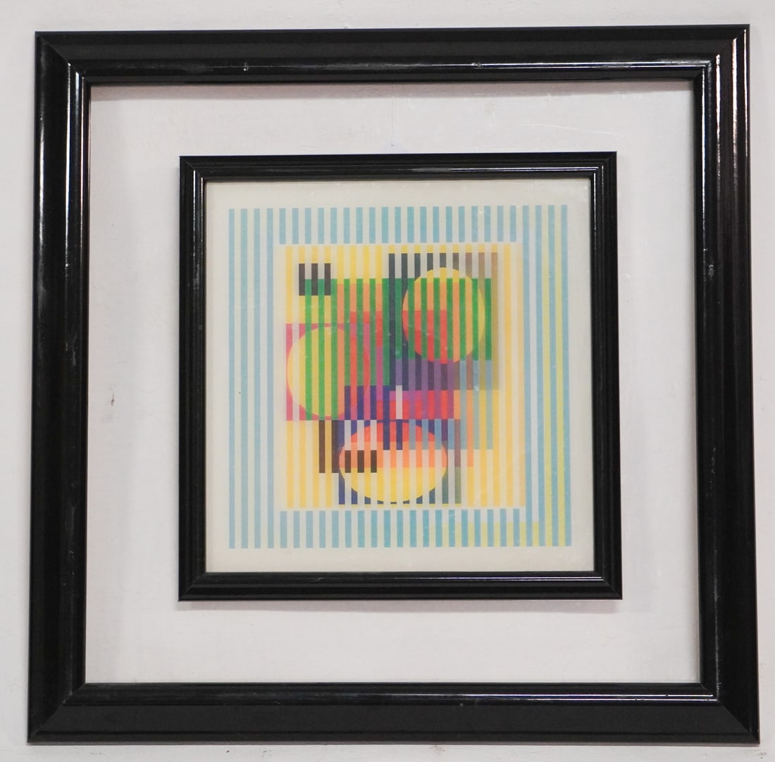 Yaacov Agam: (Israel, b. 1928) Original Agamograph signed lower right. Framed in original frame. Brilliant work well kept. Dated 1994. Framed: H25 5/8" W25 5/8" Sold from the personal collection of Andy Zalkin to