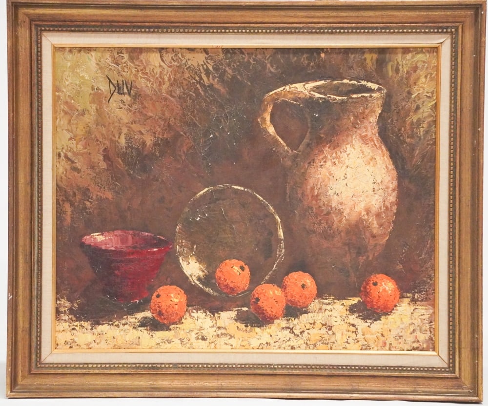 Joseph Duv: (Algeria, b. 1918) Oil on canvas fruit still life signed upper left. Very nicely rendered work, good condition. Framed: H30 3/4" W36 3/4" Sold from the personal collection of Andy Zalkin to benefit