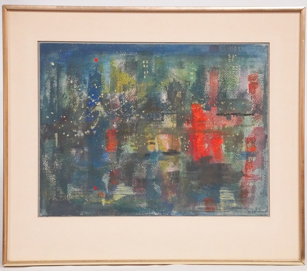 Jan Holmes: (America, b. 1911) Abstract gauche on paper signed lower right. Very nicely rendered work with striking colors. Good overall condition. Site size: H12" W16" (without mat and frame) Sold from the