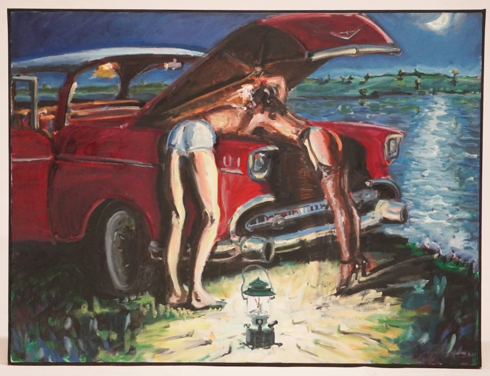 James Gingerich: (New York, b. 1952) Oil on canvas titled, "Car Trouble Lake Waco." Brilliant large work signed and titled on verso, dated 1986. Framed: H36 1/2" W48 1/2" Sold from the personal collection of Andy Zalk