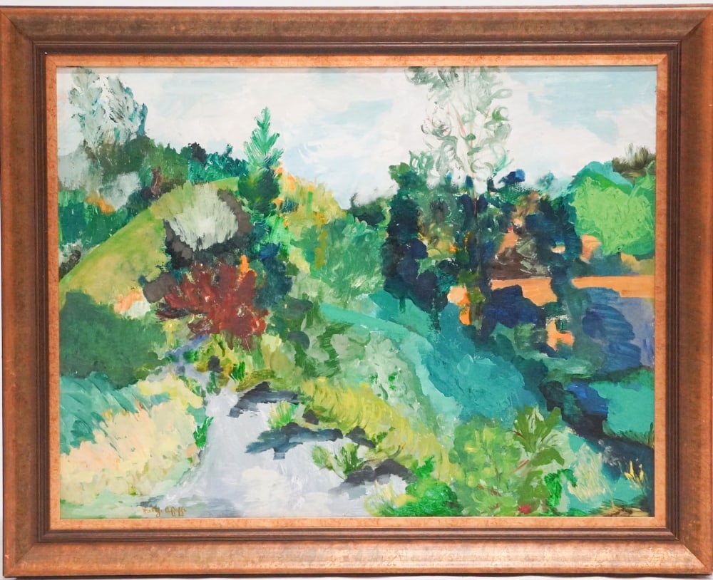 Betty Gaffe: (America, 20th Century) Oil on board titled, "Hollywood Hills." Excellent Impressionist work signed and titled on verso. Framed nicely. Good condition. Framed: H39 7/8" W49 7/8" Sold from the