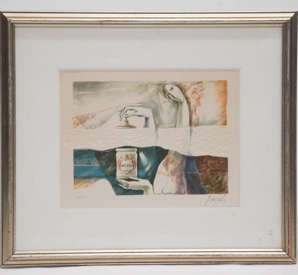 Josep Baques: (Spain, 1931-2021) Original embossed lithograph titled, "Melissa." Signed lower right and numbered 211/300. Excellent condition framed and matted nicely. Site size: H9 3/4" W12 3/4" (without mat and f