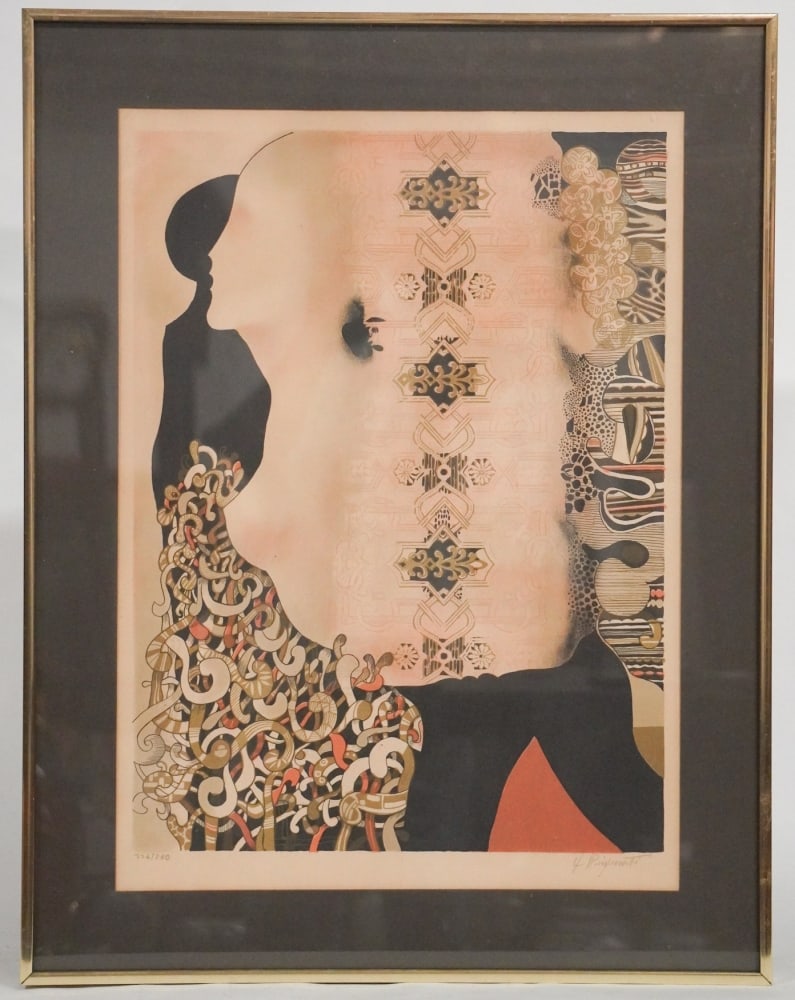 Jose Puig Marti: (Spain, 1932-2020) Lithograph signed and numbered in pencil. Titled, "Woman in Profile." Some slight yellowing but overall well kept condition. Framed: H27 1/4" W21 1/4" Sold from the personal