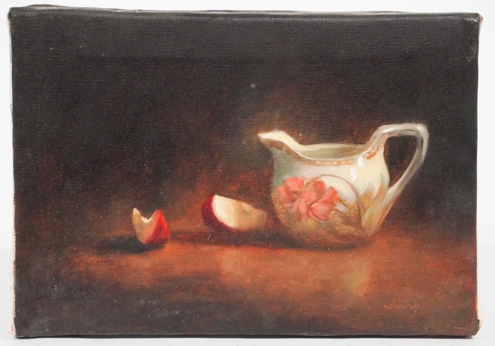 Bill Wilson: (Mississippi, 20th/21st century) Oil on canvas still life signed lower right. Good condition. H7" W10" Sold from the collection of a Camden, South Carolina lady
