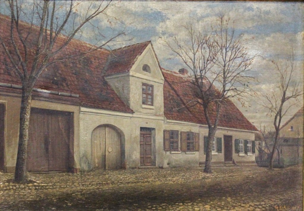Gustav Klatt: Louisianna/Germany (1861-1934) oil on canvas, The Stables & Stone Street. signed lower right. sight size: H8 1/4 W11 3/4""