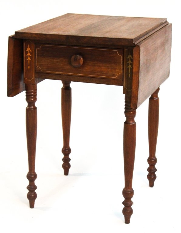 Southern Sheraton walnut-inlaid worktable: Tennessee or Kentucky, circa 1830. H27 3/4 W34 3/8" D21 1/4""