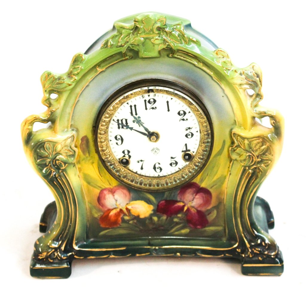 Ansonia painted porcelain mantle clock: Royal Bonn case.