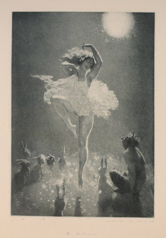 Norman Alfred William Lindsay: (Australia, 1879-1969) etching, The Audience" 28/50. signed lower right. unframed: H15 3/4" W11 1/4""