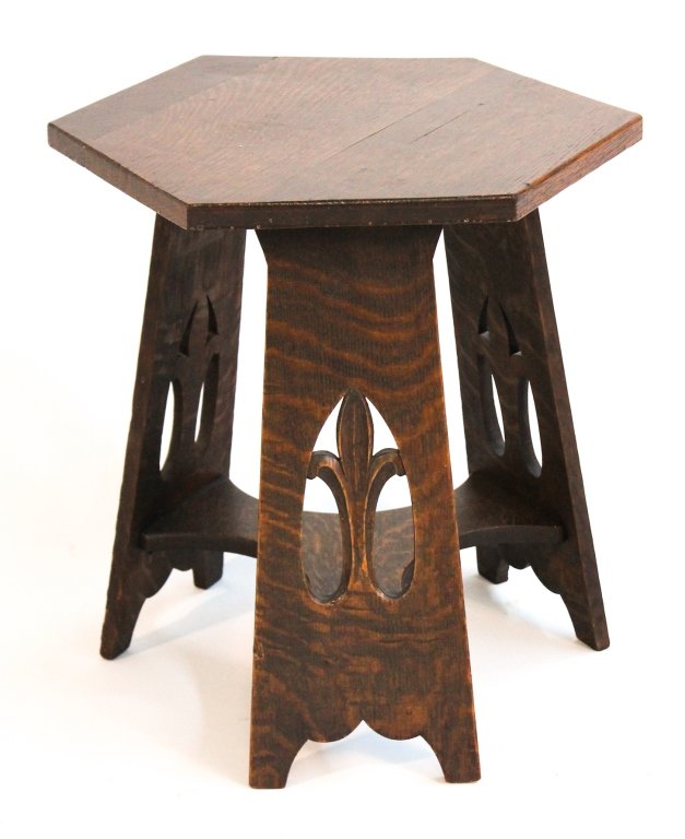 Arts & Crafts carved-oak stand, probably Stickley: bearing remnants of old label. H18 7/8 W15 5/8""