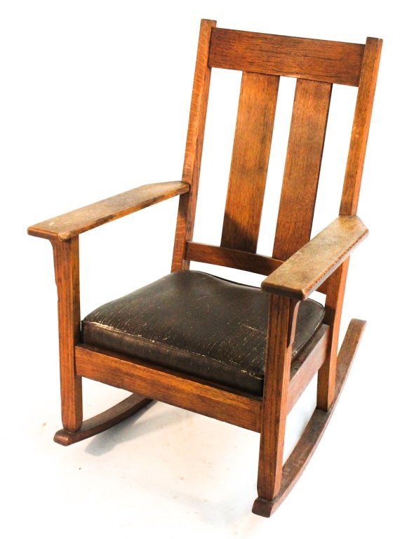 Arts & Crafts oak rocking chair, Camden, New York: Conant's, F.A., Son's, circa 1900. H39 1/4 W26 1/2" D33""