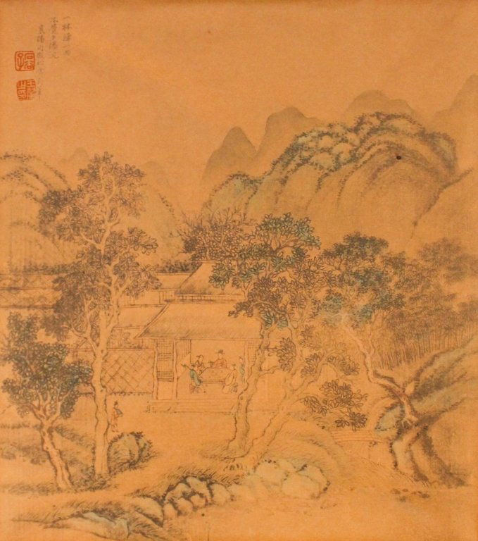 Chinese watercolors, Wang Shih Ka/Wang Hui: (1633-1717) group of three works with poems by Wang Wei (699-759 AD) sight size: H9 1/2 W8 5/8""